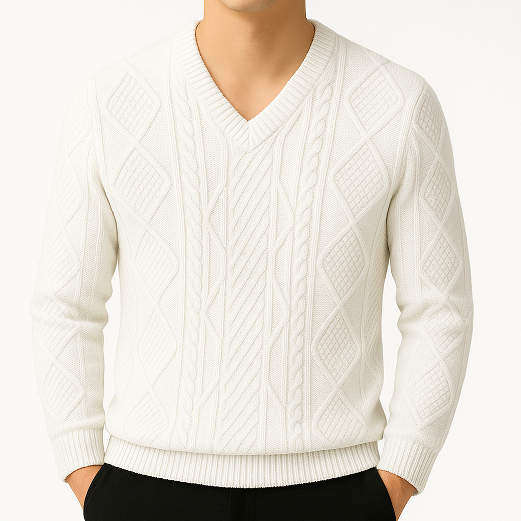 Men's white cable knit v-neck wool sweater with diamond pattern texture, long sleeves, and ribbed cuffs and hem.