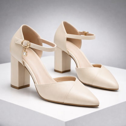 Cream pointed-toe block heel pumps with ankle strap, gold buckle, crystal charm detail, displayed on white surface.