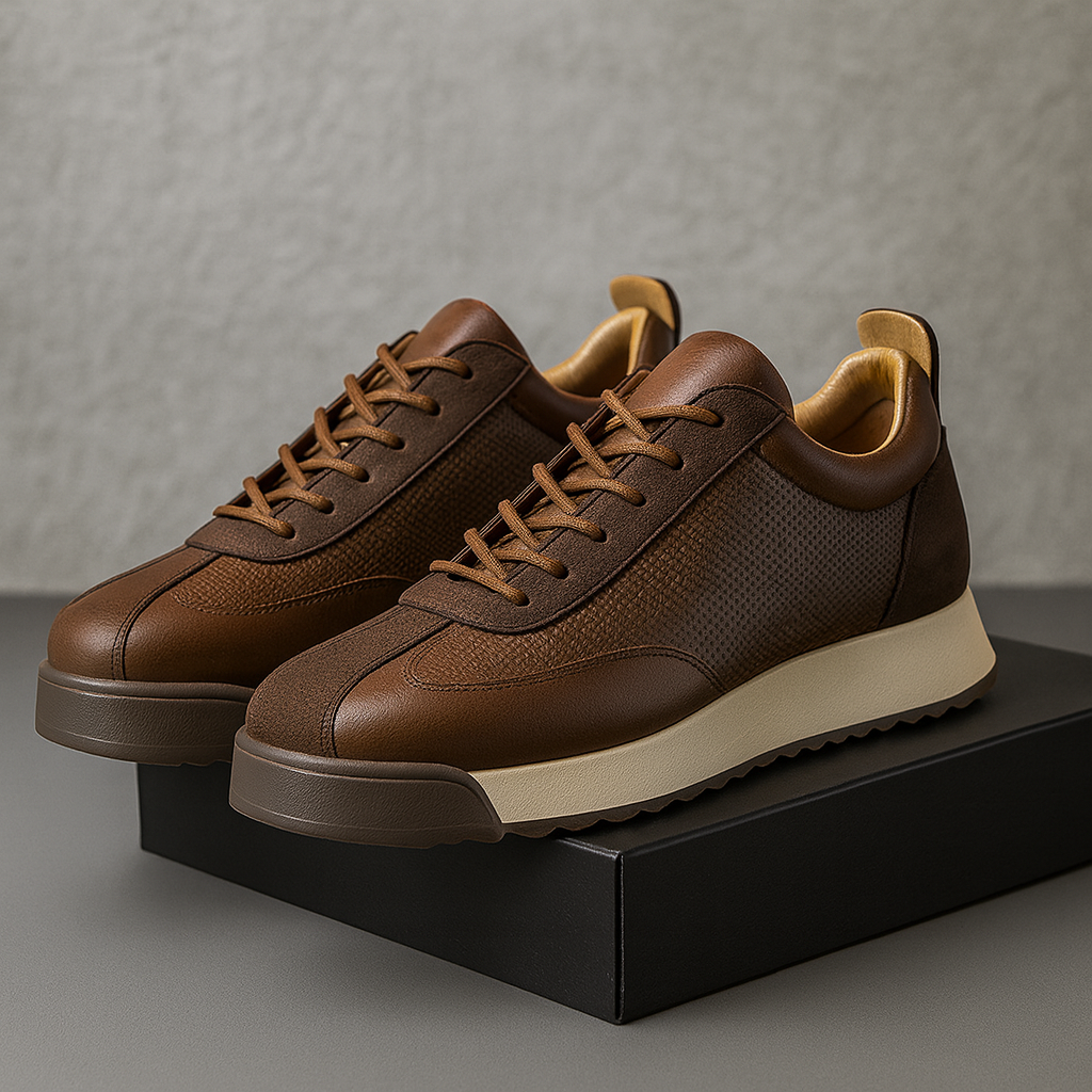 Men's brown leather orthopedic sneakers with lace-up design and beige cushioned sole on black box