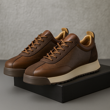 Men's brown leather orthopedic sneakers with lace-up design and beige cushioned sole on black box