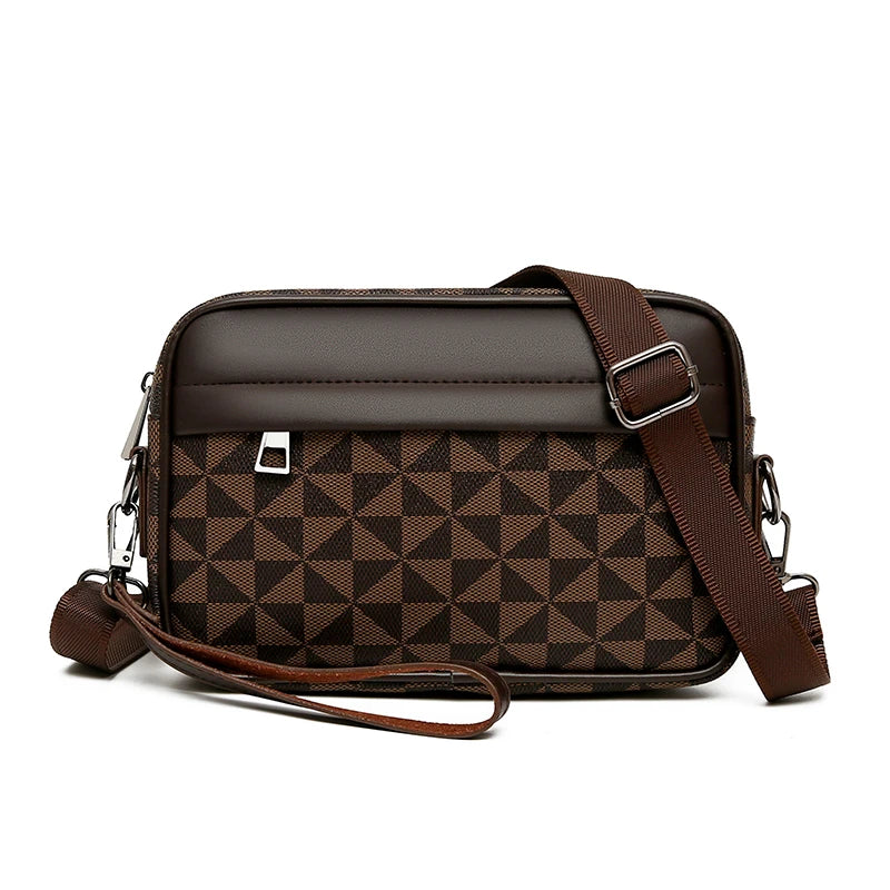 Brown checkered crossbody bag with adjustable strap and wrist strap for women, designer-inspired pattern purse