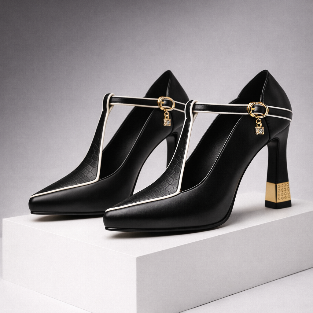 Black T-strap block heel pumps with white piping, gold buckle charm accent, and textured insole displayed on white platform