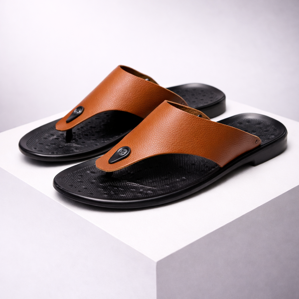 Men's brown leather thong flip-flop sandals with black sole on white display platform