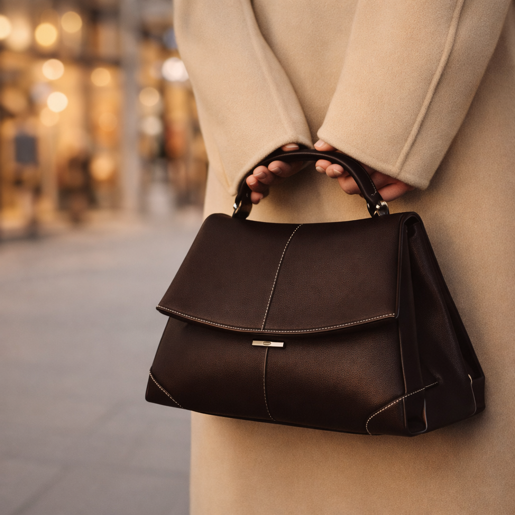 Dark brown structured leather top handle handbag with contrast stitching, held by woman in camel coat on city street.