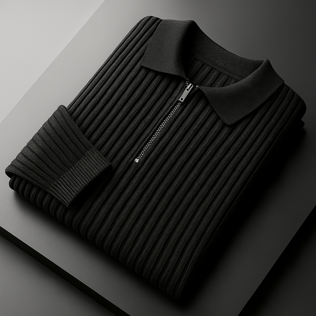 Black ribbed cotton men's quarter-zip sweater with polo collar, neatly folded, showing silver zipper detail.
