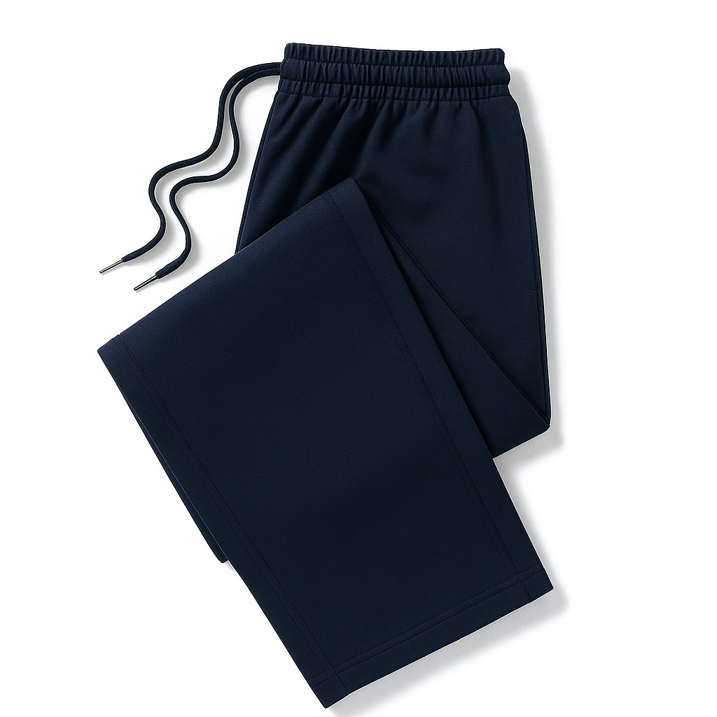 Navy blue men's cotton drawstring joggers, folded flat, featuring elastic waistband and side pockets.