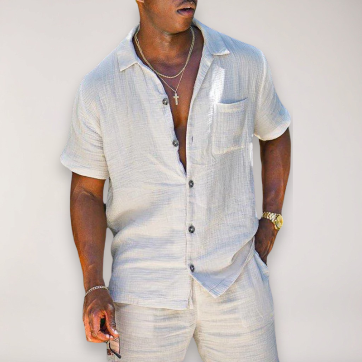 Men's white linen short sleeve button-up shirt and matching pants two-piece casual summer outfit set