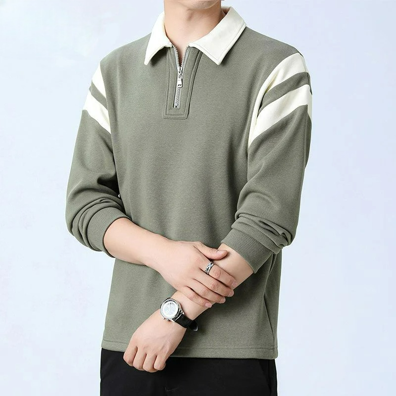 Men's olive green quarter-zip sweatshirt with cream collar, stripe sleeve accents, ribbed cuffs, and long sleeves.