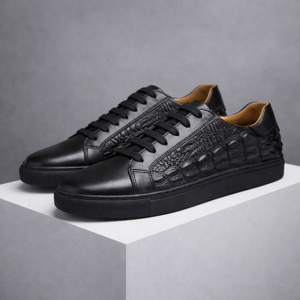 Black men's leather lace-up sneakers with crocodile embossed side panel detail and tan interior lining on white platform.
