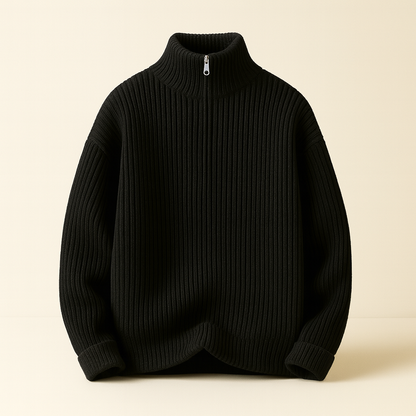 Black ribbed wool quarter-zip sweater for men with high neck collar and chunky knit texture on beige background