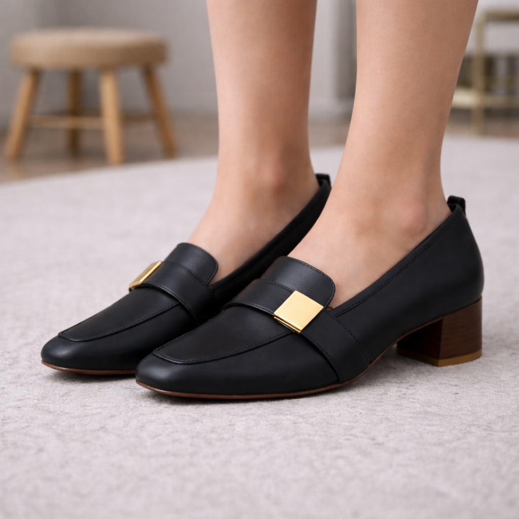 Women's black Italian leather block heel loafers with gold square hardware detail on a low stacked wooden heel.