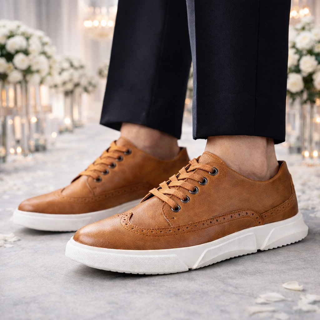 Men's tan leather Brogan lace-up sneakers with brogue detailing and white sole, paired with dark dress pants.