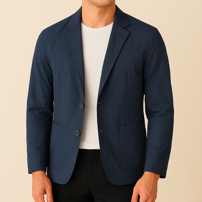 Navy blue nylon two-button blazer worn open over white t-shirt with black pants, featuring patch pockets and notch lapels.
