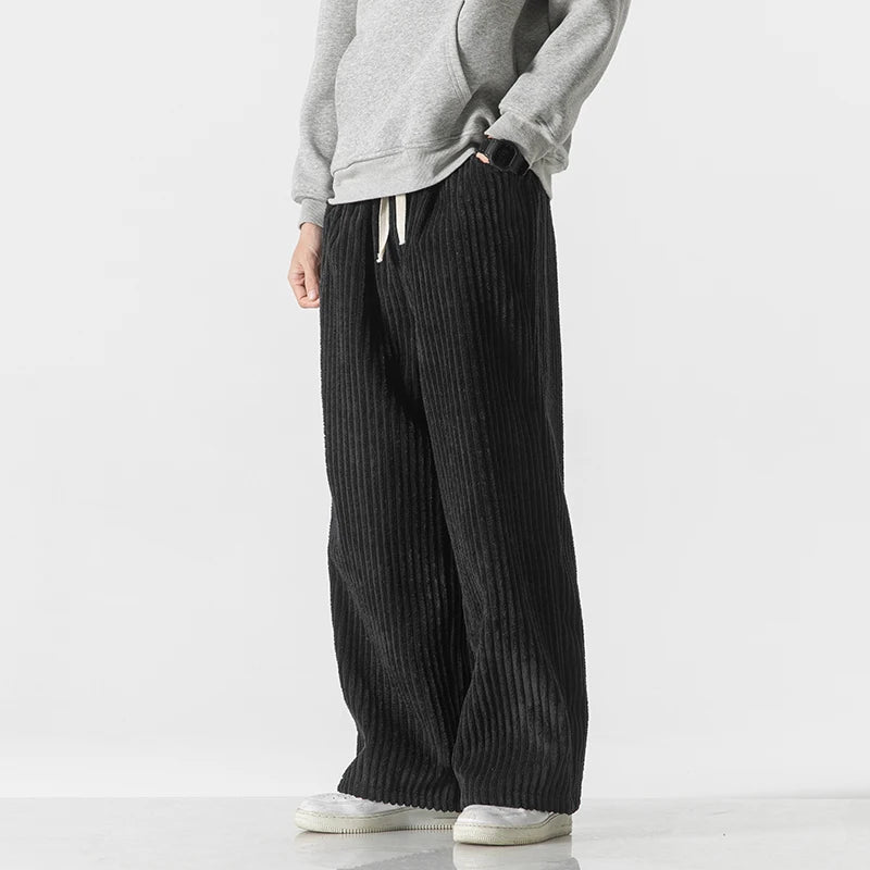 Black wide-leg corduroy pants with drawstring waist for men, relaxed fit casual streetwear trousers