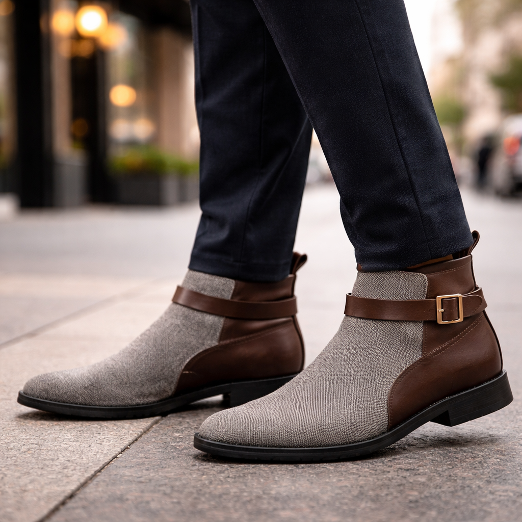 Men's two-tone Chelsea boots in gray textile and brown leather with gold buckle strap, paired with navy trousers.