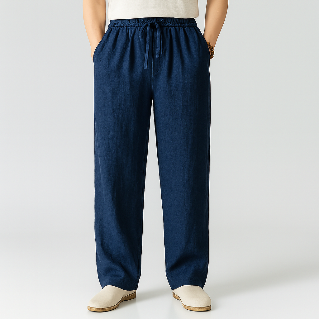Navy blue linen drawstring pants for men with elastic waist and relaxed fit, comfortable casual trousers