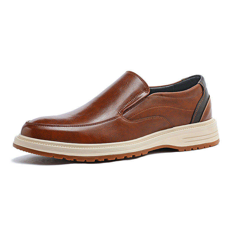 Brown men's leather slip-on loafers with stitched detailing, elastic side panels, and a chunky cream platform sole.