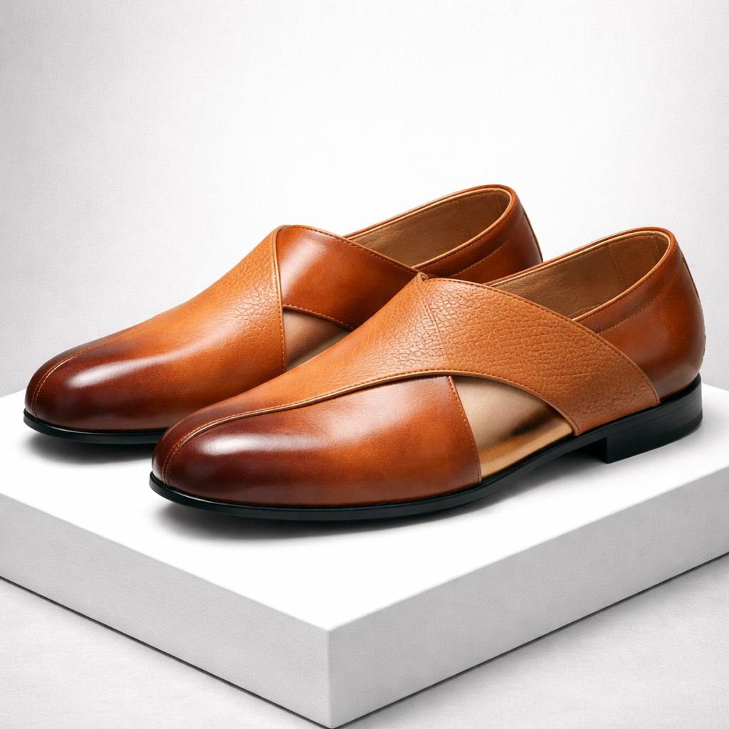 Brown leather men's slip-on loafers with cross strap design and black sole on white platform