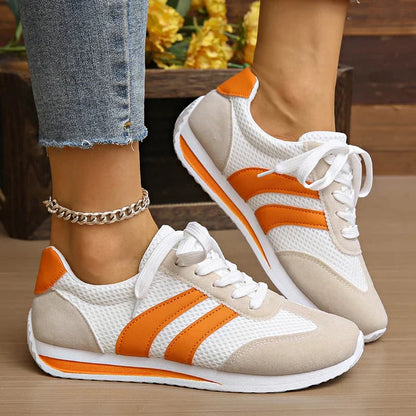 Lace-Up Mesh Overlay Low Top Sneakers for Women - Orange