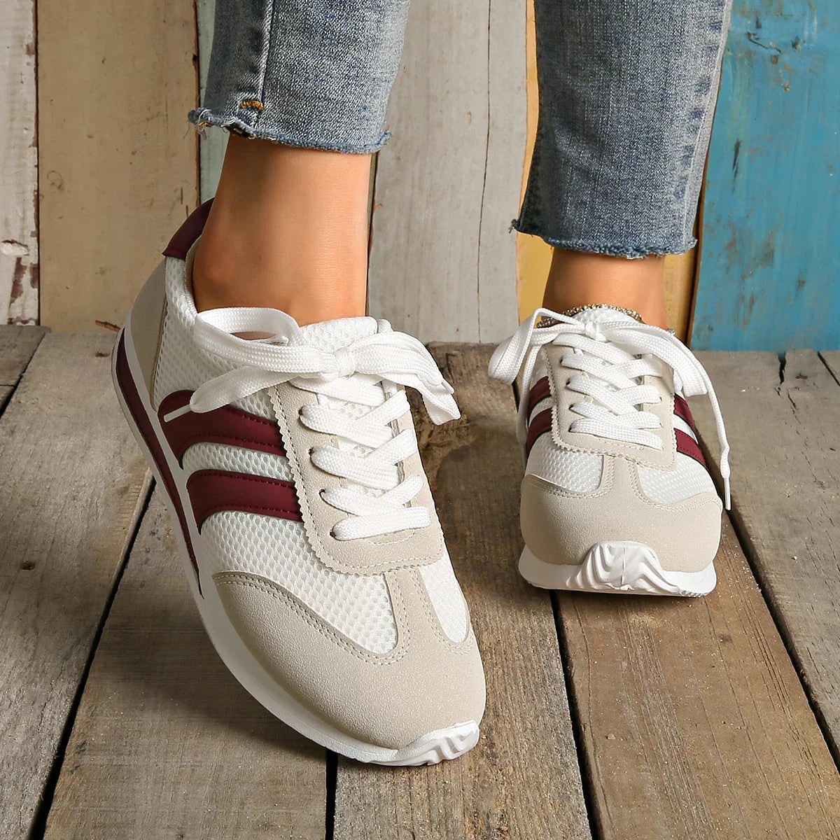 Lace-Up Mesh Overlay Low Top Sneakers for Women - Purple