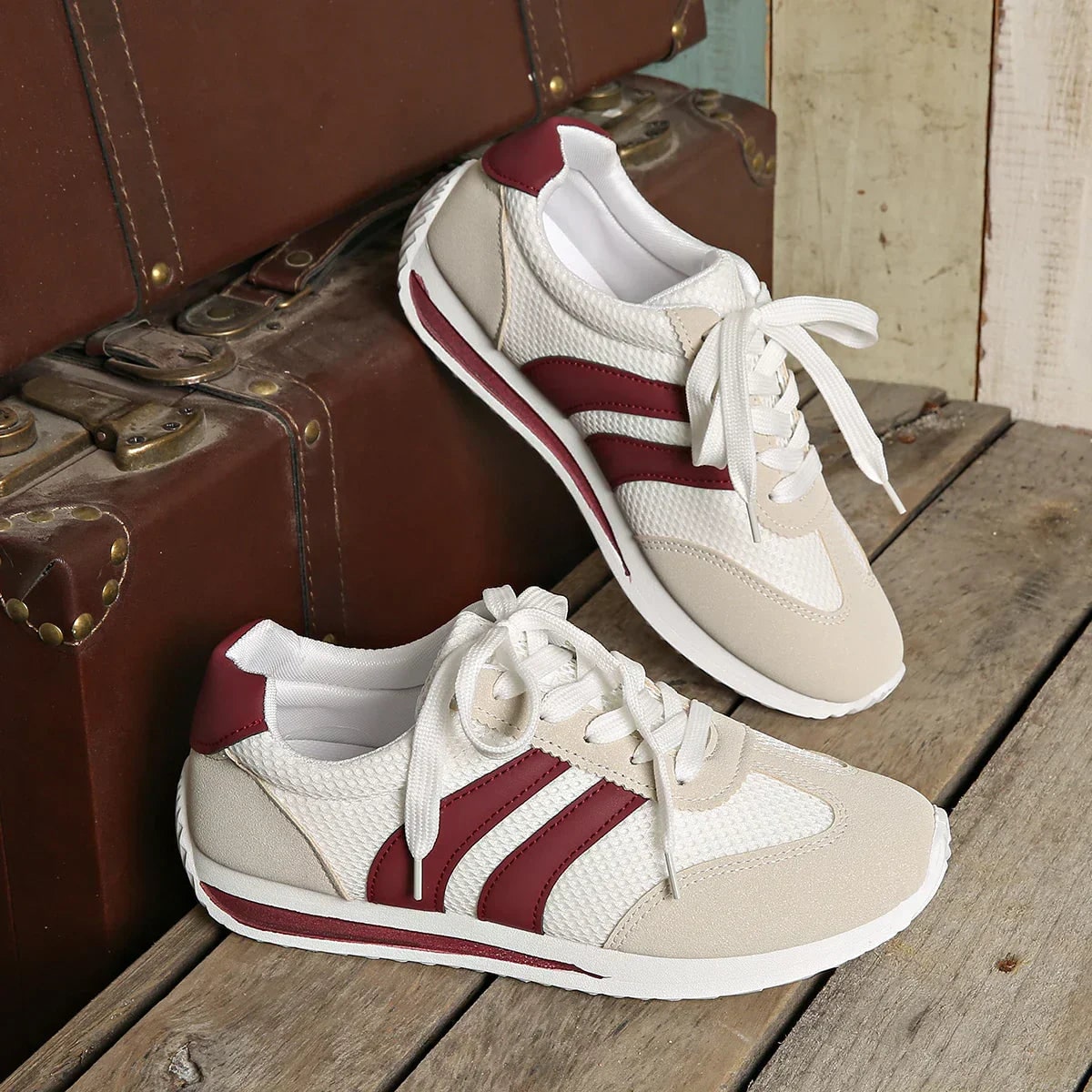 Lace-Up Mesh Overlay Low Top Sneakers for Women