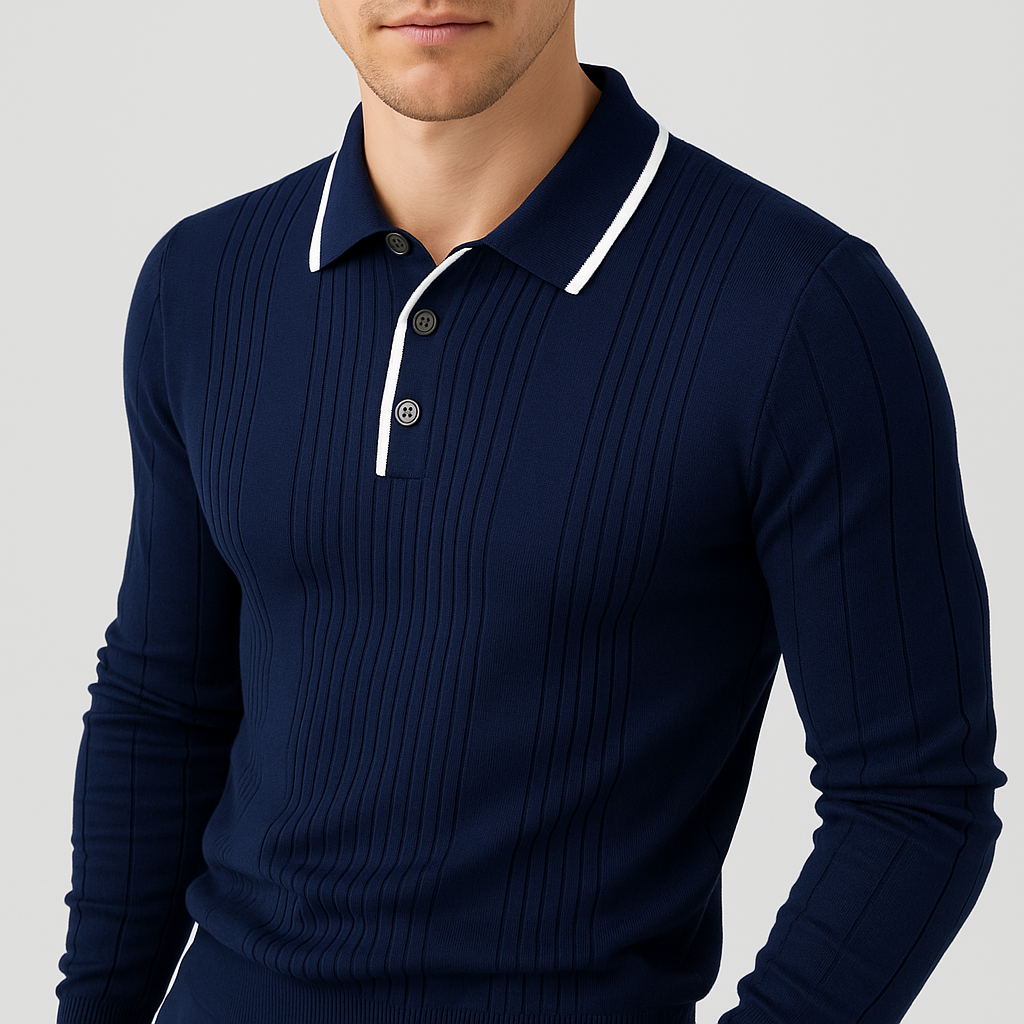 Ribbed Knit Long Sleeve Polo Shirt for Men