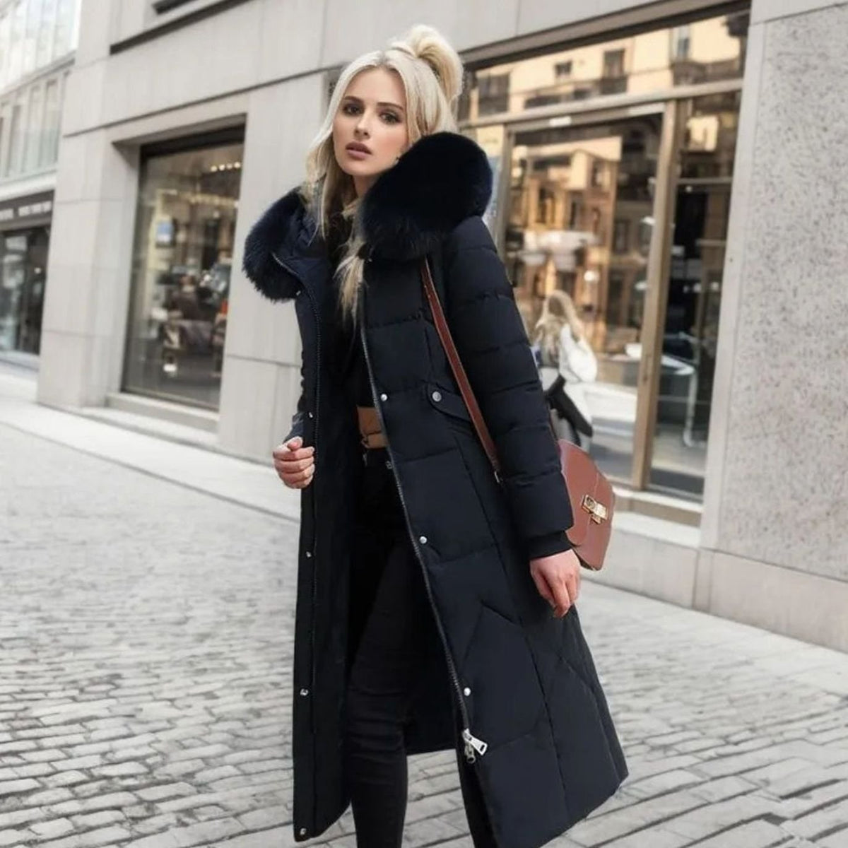 Longline Hooded Quilted Coat for Women - Black