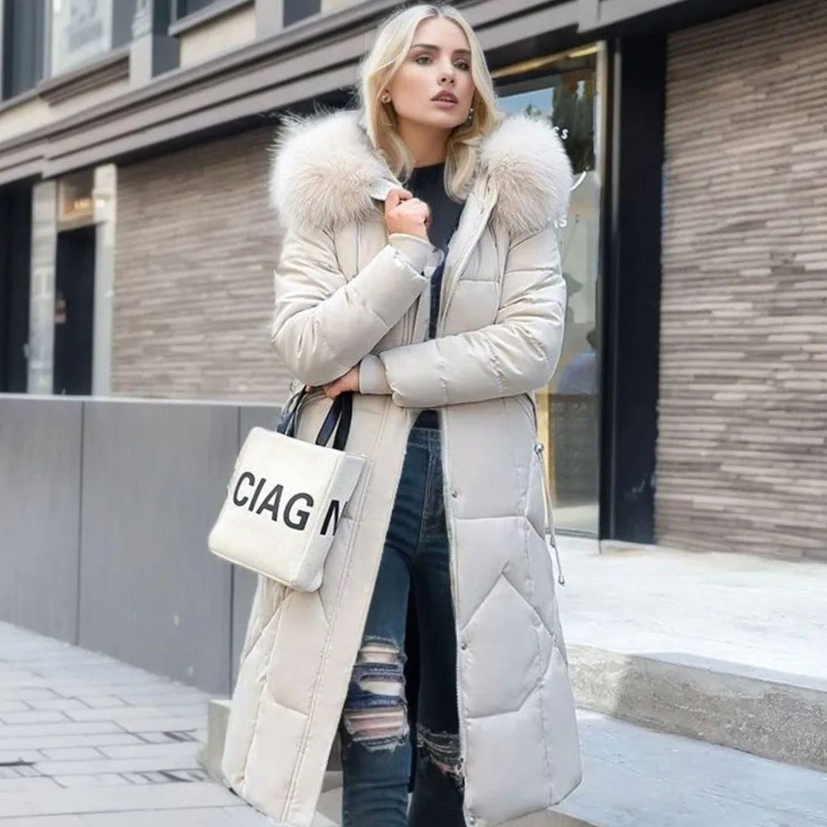 Longline Hooded Quilted Coat for Women - White