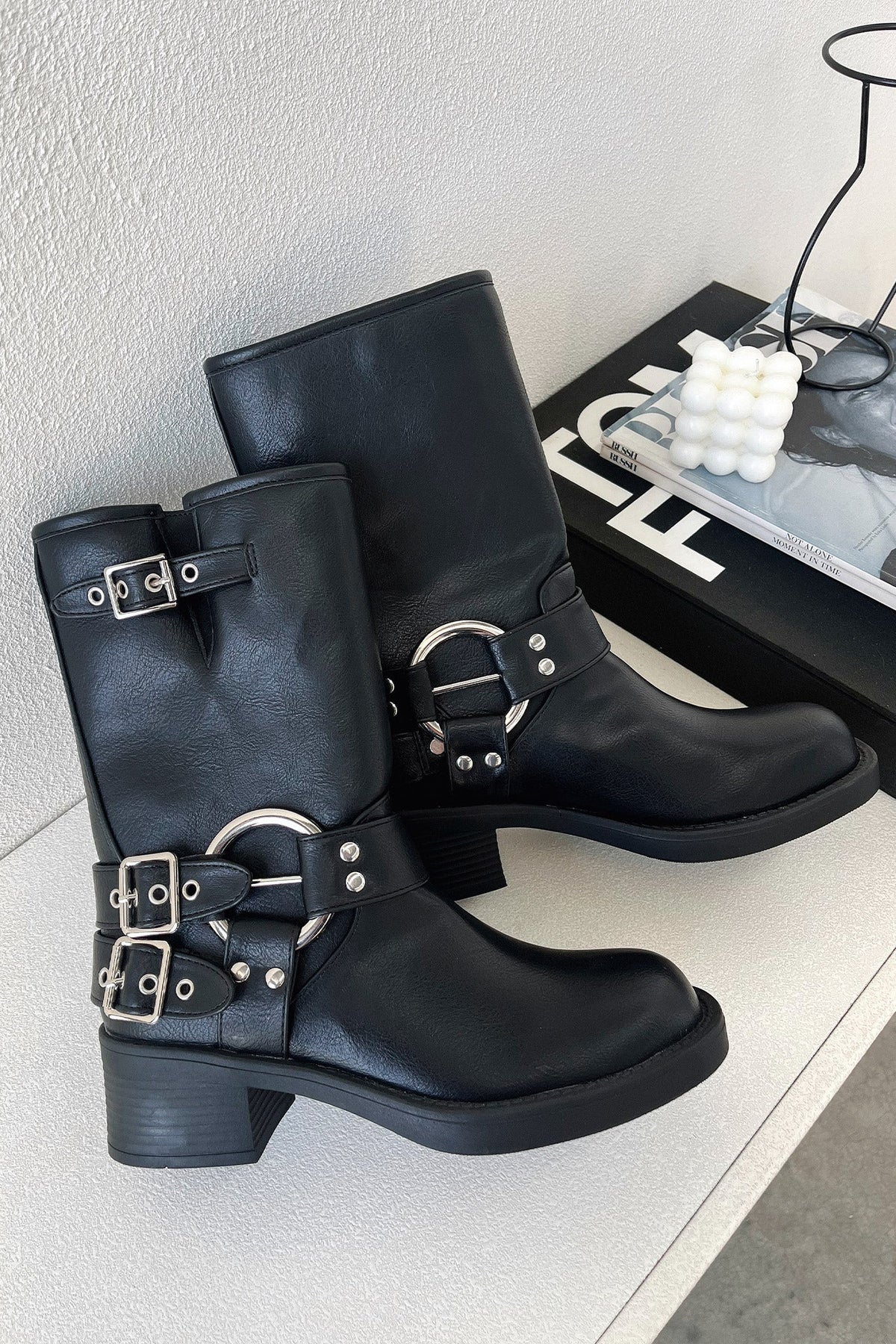 Leather Buckle Ankle Boots Block Heel for Women - Black