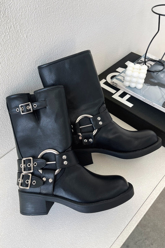 Leather Buckle Ankle Boots Block Heel for Women - Black