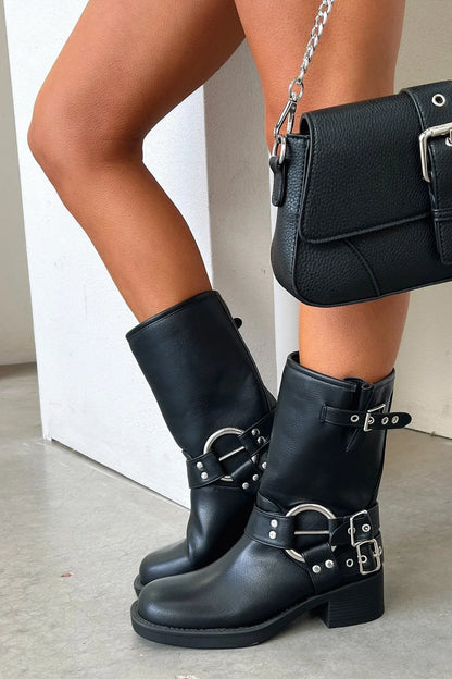 Leather Buckle Ankle Boots Block Heel for Women
