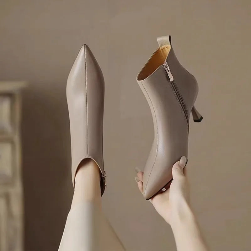 Leather Pointed-Toe Ankle Boots with Kitten Heel for Women - Khaki