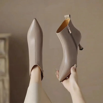 Leather Pointed-Toe Ankle Boots with Kitten Heel for Women - Khaki
