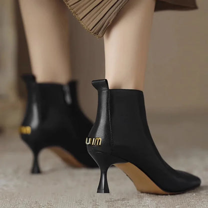 Leather Pointed-Toe Ankle Boots with Kitten Heel for Women