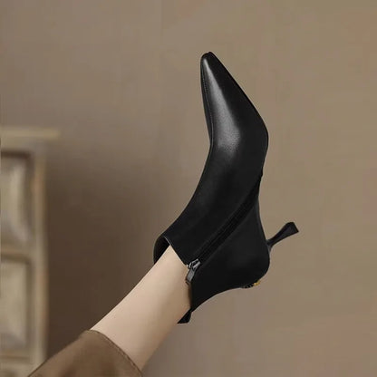 Leather Pointed-Toe Ankle Boots with Kitten Heel for Women