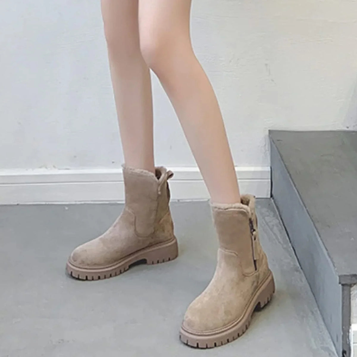 Suede Chunky Ankle Boots with Side Zip for Women