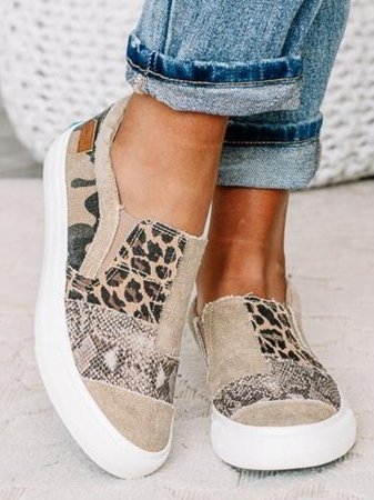 Leopard Print Slip-On Loafer Flats for Women - Khaki