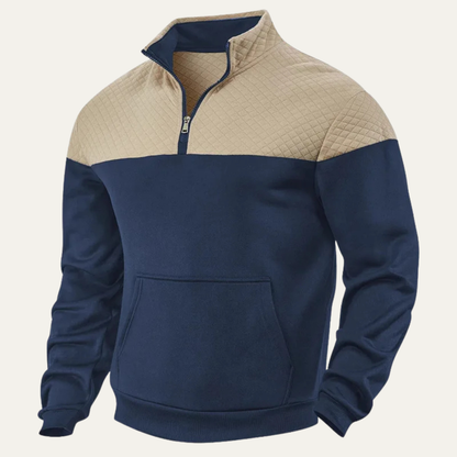 Quilted Color Block Quarter-Zip Pullover Sweatshirt for Men - Navy Blue