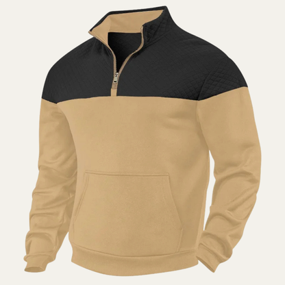 Quilted Color Block Quarter-Zip Pullover Sweatshirt for Men - Khaki