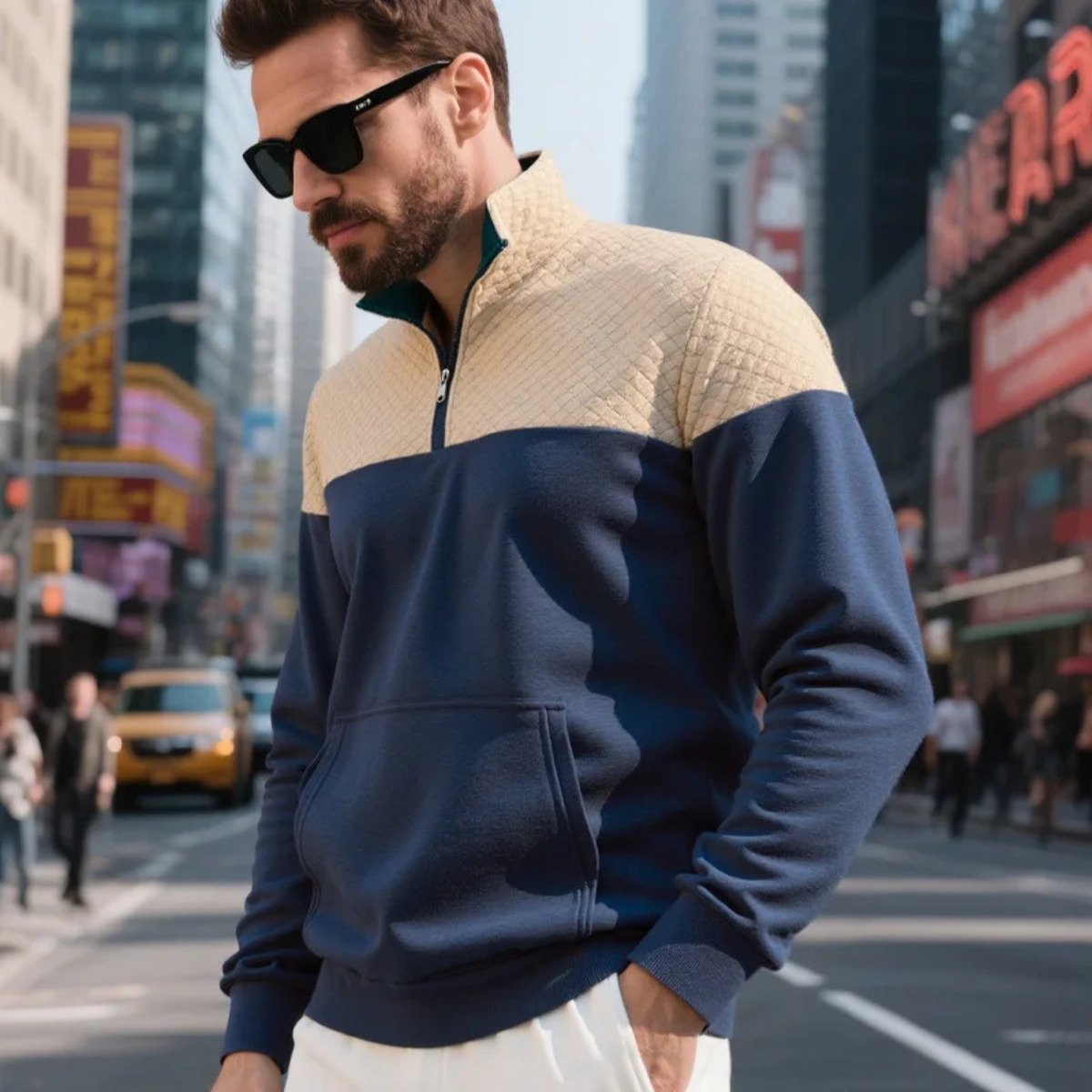Quilted Color Block Quarter-Zip Pullover Sweatshirt for Men