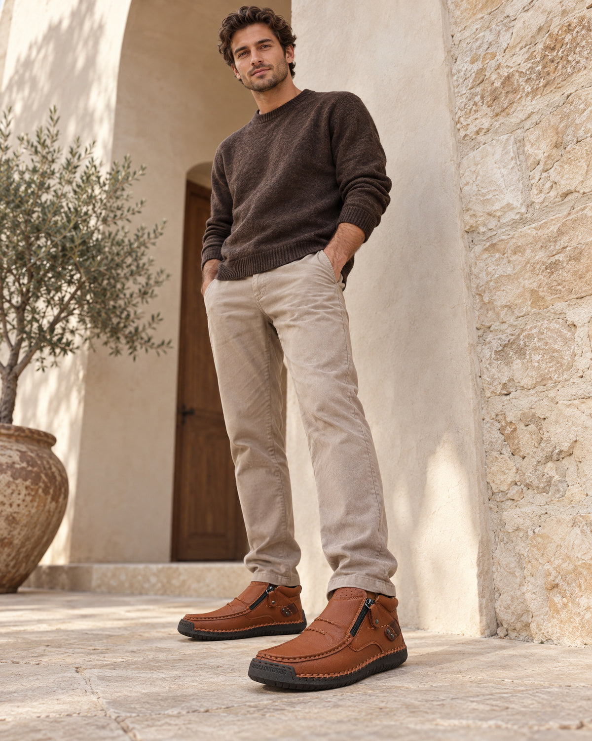 Leather Moccasin Ankle Boots with Zipper for Men – on-model photo