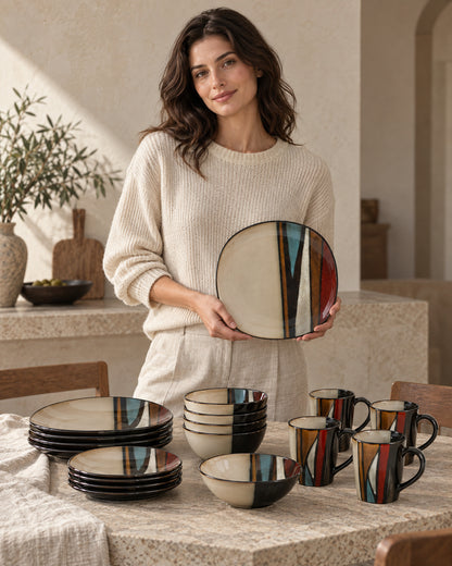 Striped Stoneware Dinnerware Set 16-Piece for 4 – on-model photo