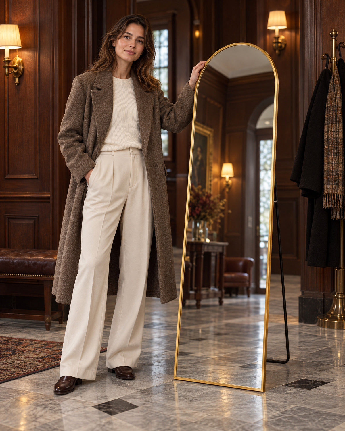 Full Length Standing Mirror with Gold Frame – on-model photo