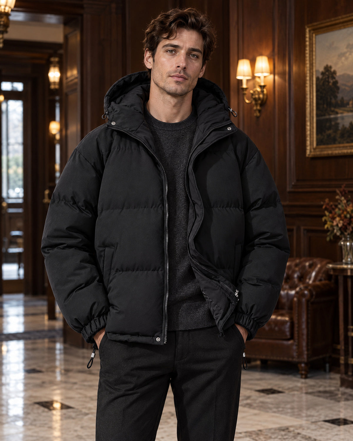 Black Puffer Coat for Men – on-model photo