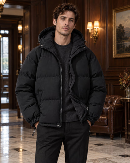 Black Puffer Coat for Men – on-model photo