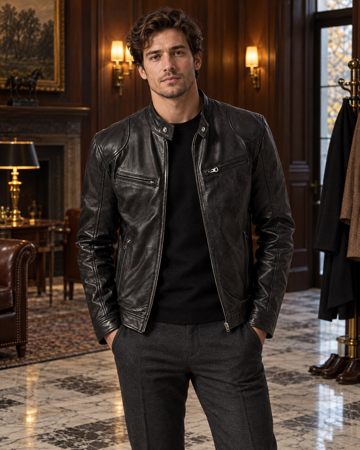 Stand Collar Leather Jacket for Men – on-model photo
