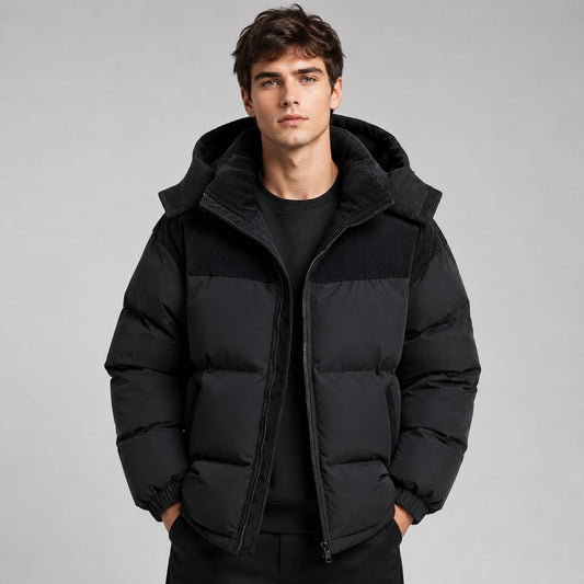 Oversized Hooded Puffer Jacket for Men - Black