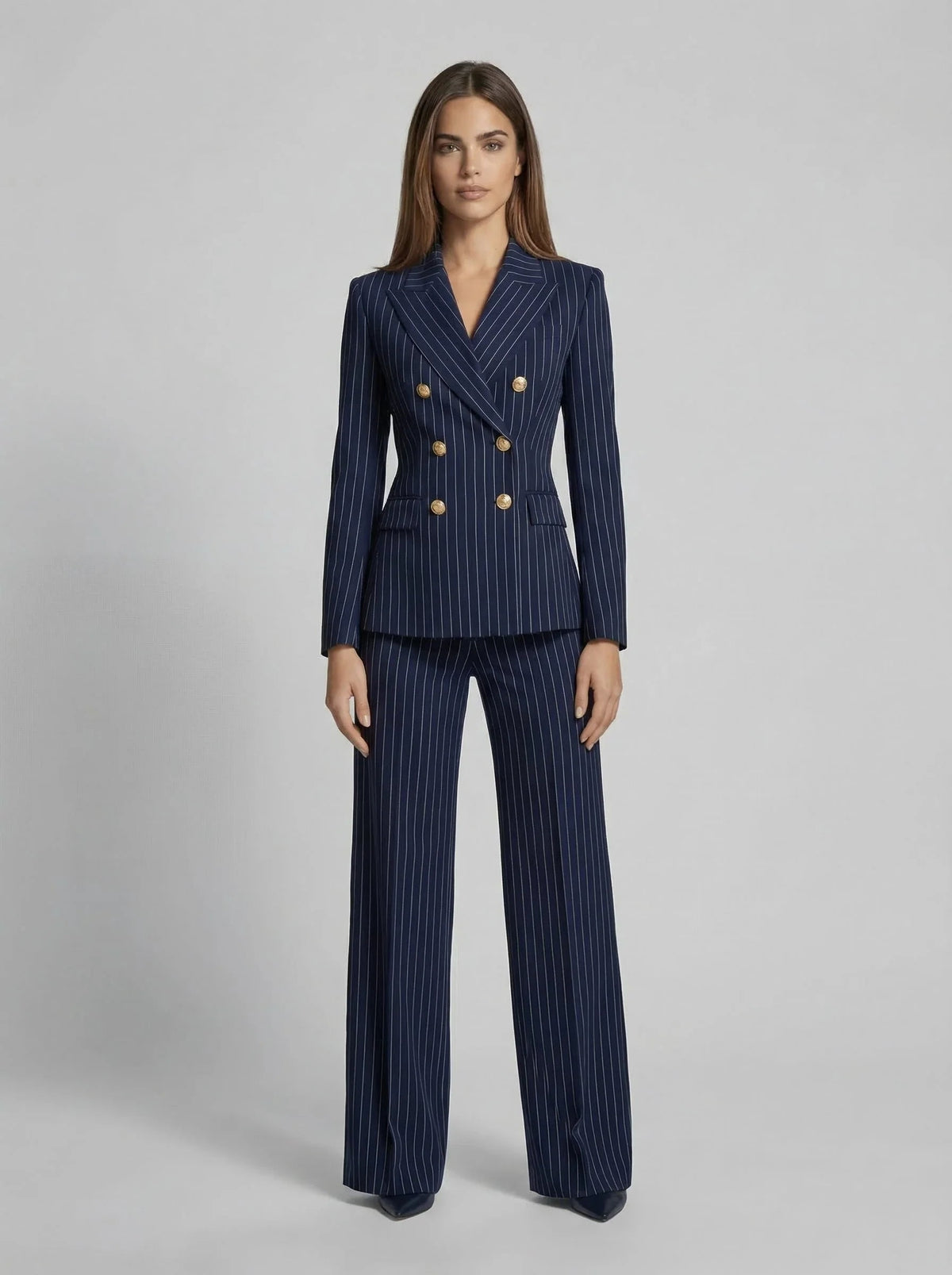 Pinstripe Double-Breasted Blazer for Women - Navy Blue