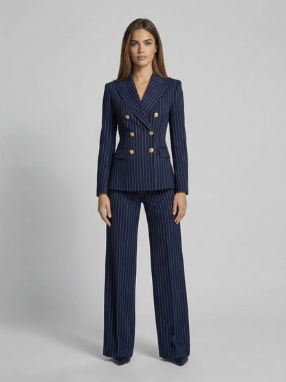 Pinstripe Double-Breasted Blazer for Women - Navy Blue