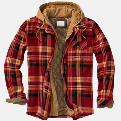 Plaid Hooded Shirt for Men - Red/Khaki